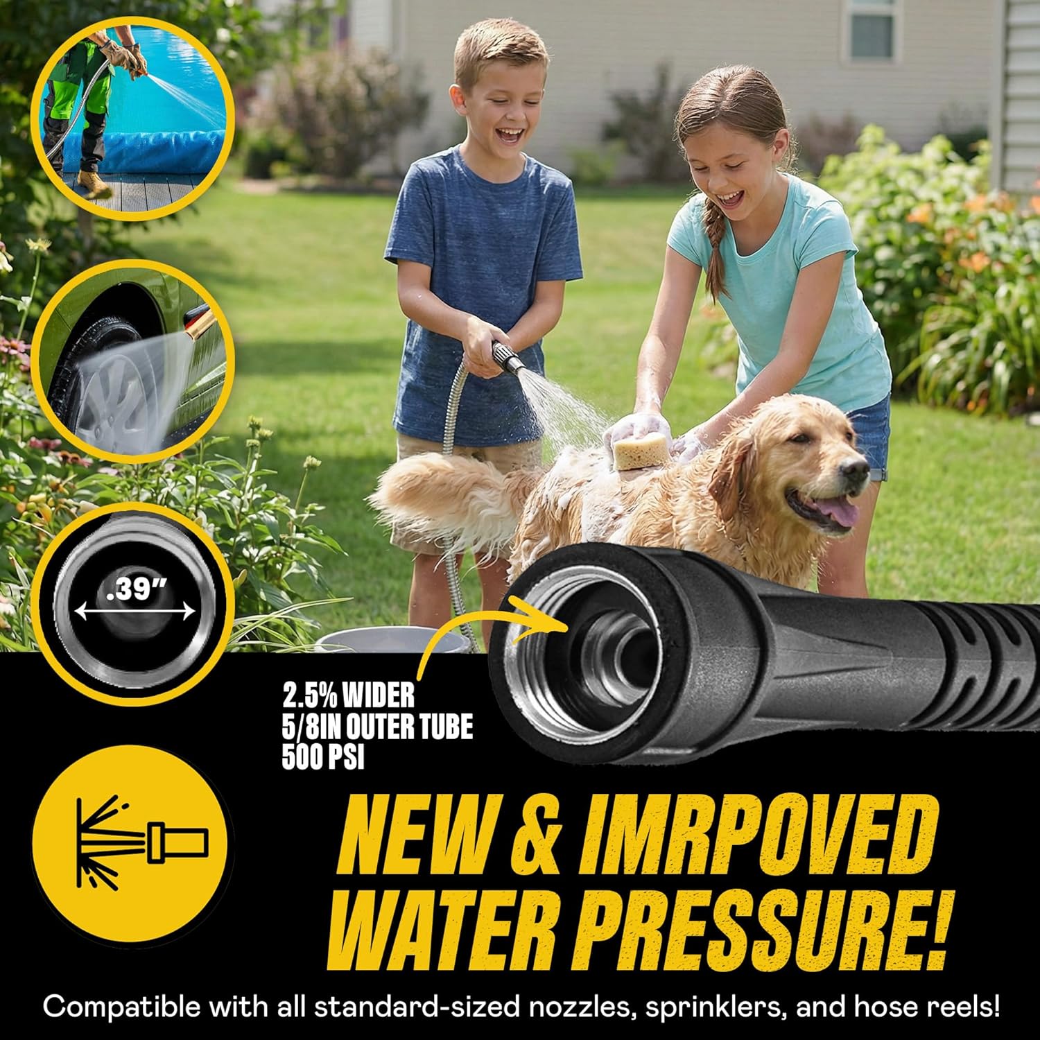 BIONIC STEEL 100 Ft Metal Garden Hose with Sprayer Nozzle, Non Kinking Designed Stainless Steel Heavy Duty Water Hose 100 Ft x 5/8 in. Flexible NON Expandable for Uninterrupted Water Flow, 500 PSI