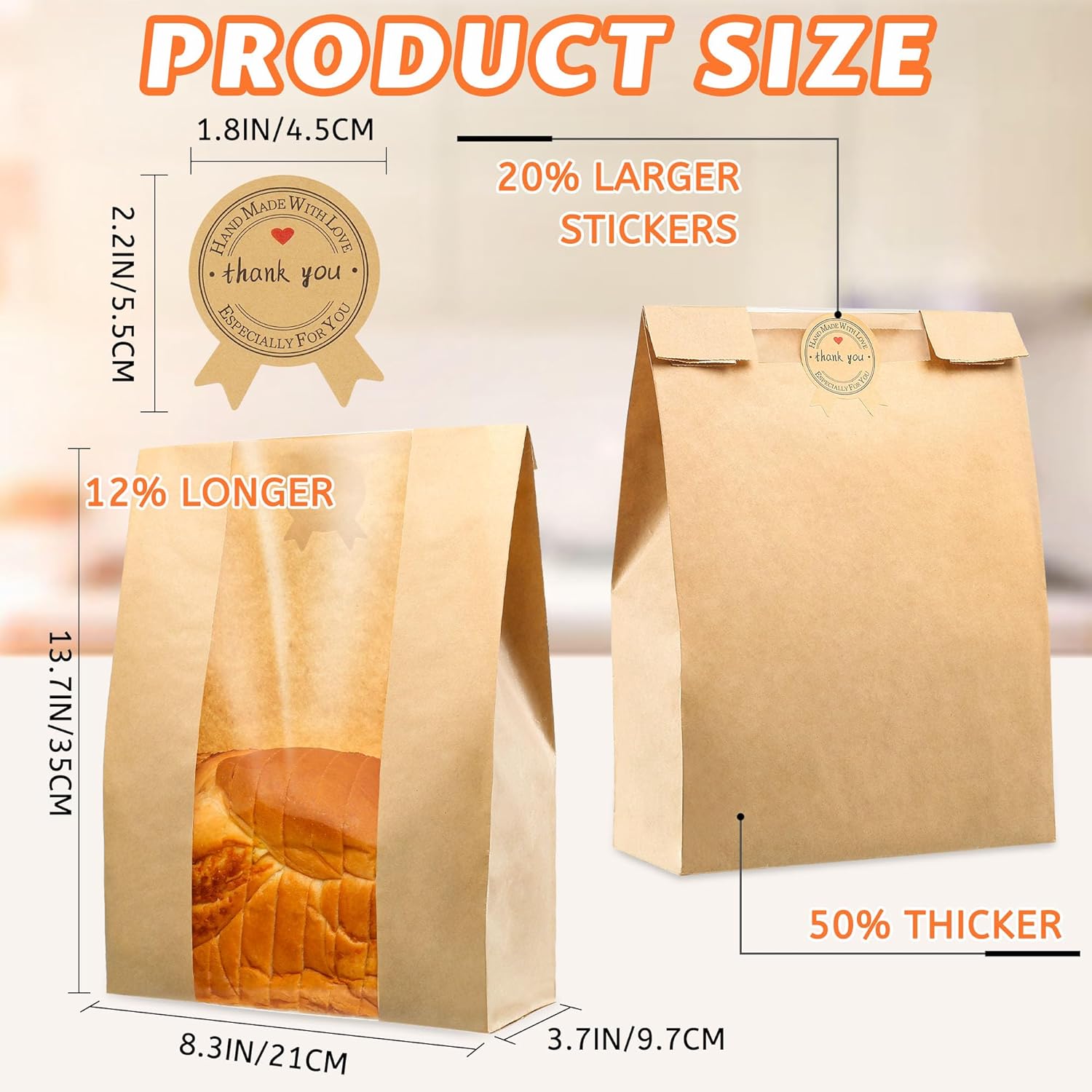 50 Pcs Bread Bags for Homemade Bread, Sourdough Paper With Window, 50% Thicker 13.7x8.2x3.7in A Large Bakery Bags Used for Storage Cookies & Snacks, 60 Cute Sealing Stickers With Ties