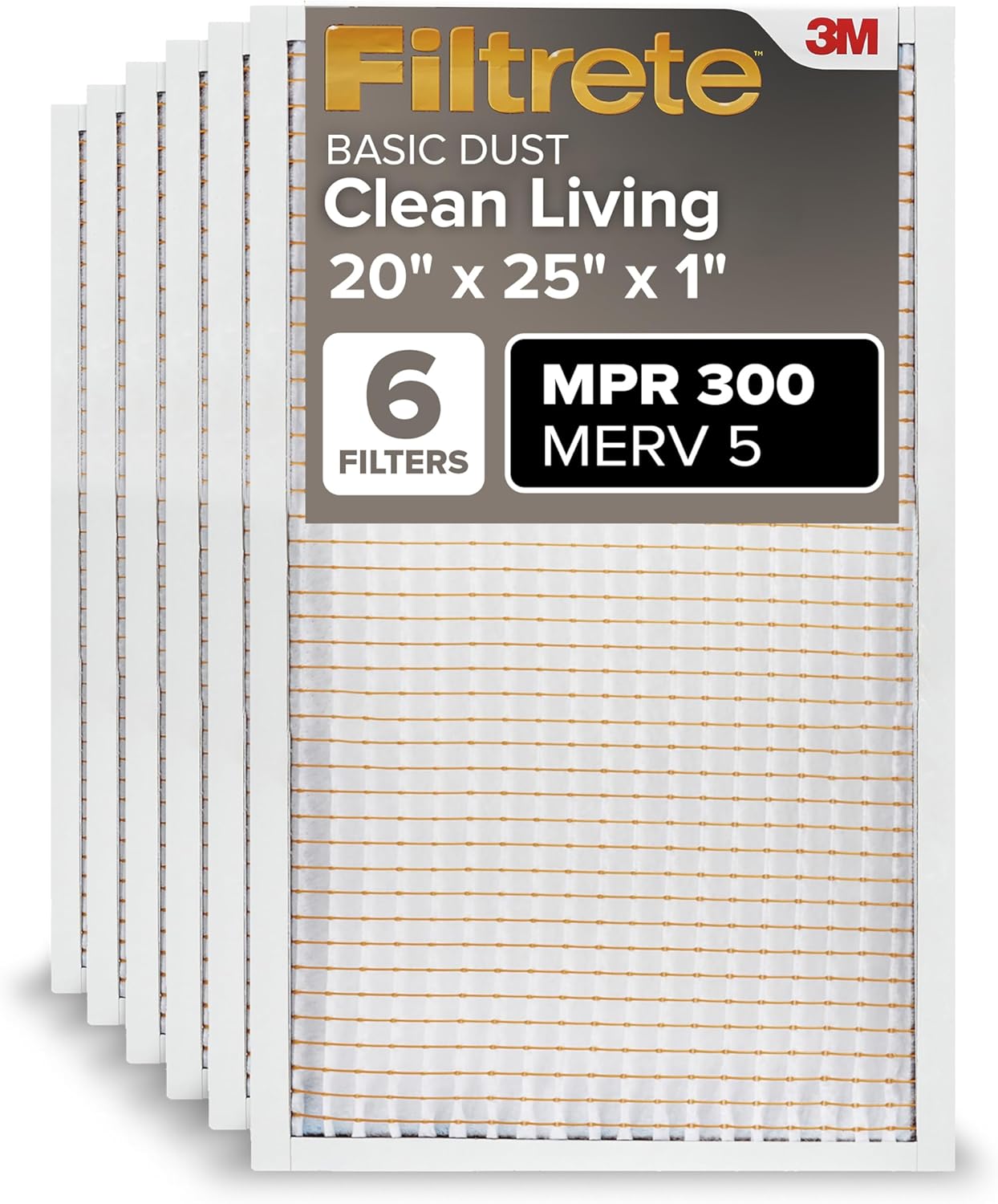 Filtrete 20x25x1 Air Filter MERV 5, 6-Pack AC Furnace HVAC Filters for Home, MPR 300 Basic Dust Defense, Pleated Electrostatic Removes Lint & Dust (Actual Size 19.69x24.69x0.81 in)