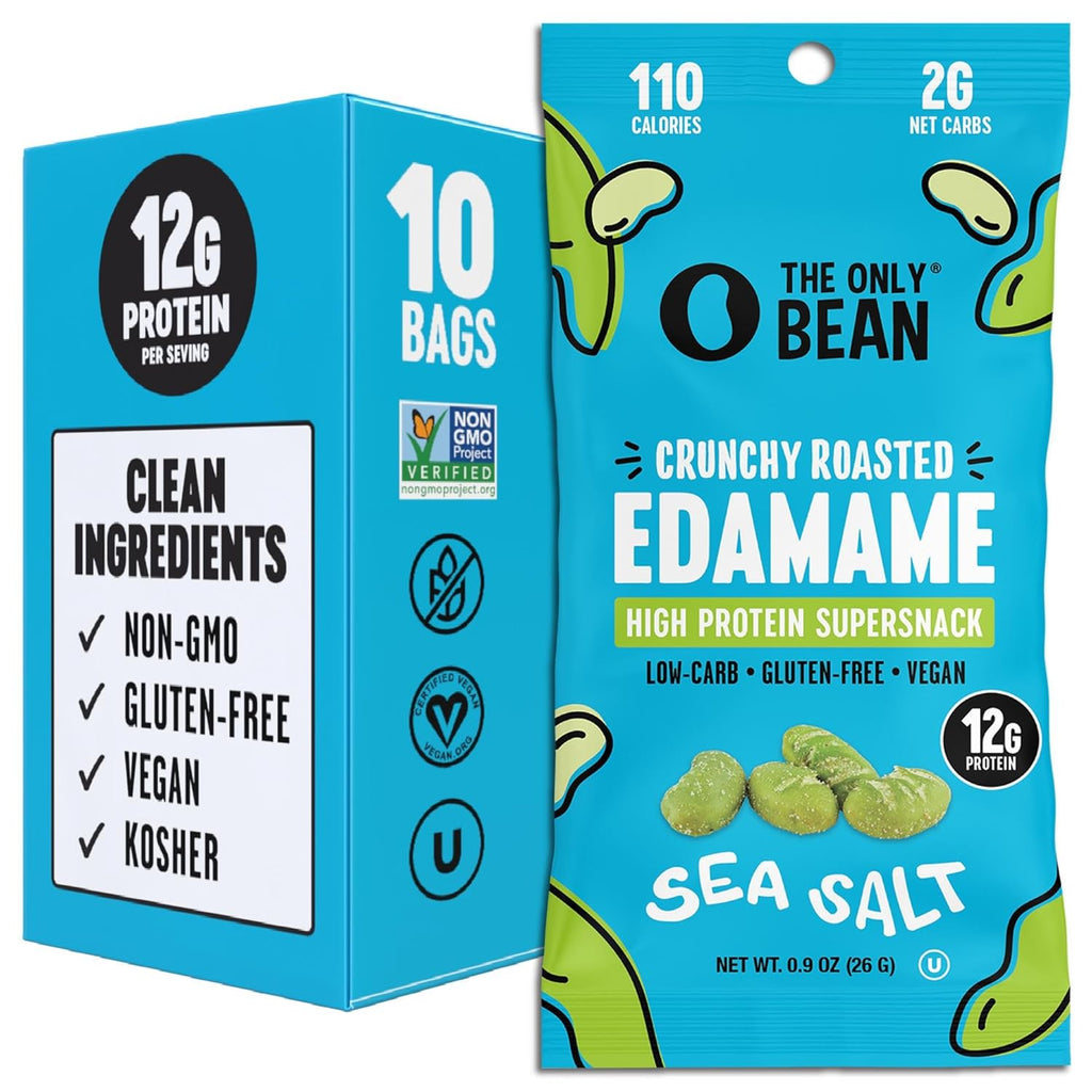 The Only Bean Crunchy Dry Roasted Edamame Snacks (Sea Salt), Healthy High Protein(11g) Keto Food, Low Carb Gluten Free Office Vegan Food 100 Calorie Snack Pack, 0.9oz 10 Pack