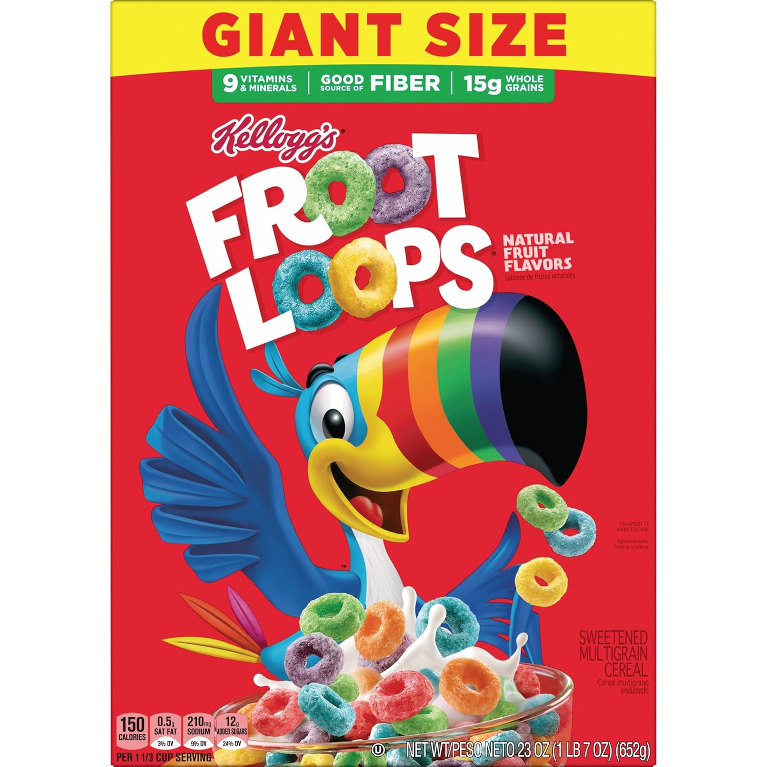 Kellogg's Froot Loops Breakfast Cereal, Good Source of Fiber, 15g Whole Grains, Giant Size, 23 oz