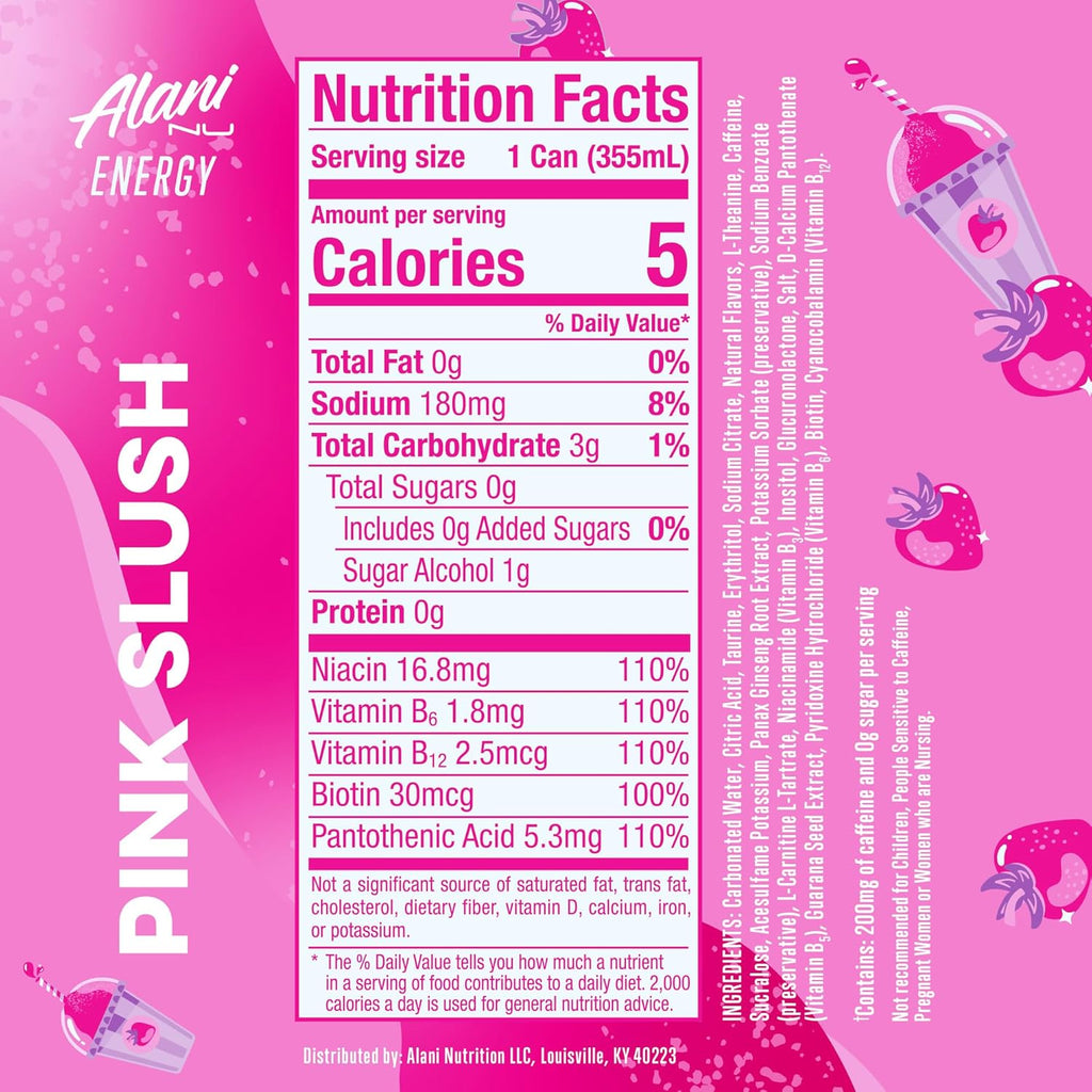 Alani Nu PINK SLUSH, Sugar Free, Low Calorie Energy Drinks, 200mg Caffeine, Biotin, B Vitamins, Zero Sugar, 10 Calories, 12 Fl Oz Cans, 12 Pack
