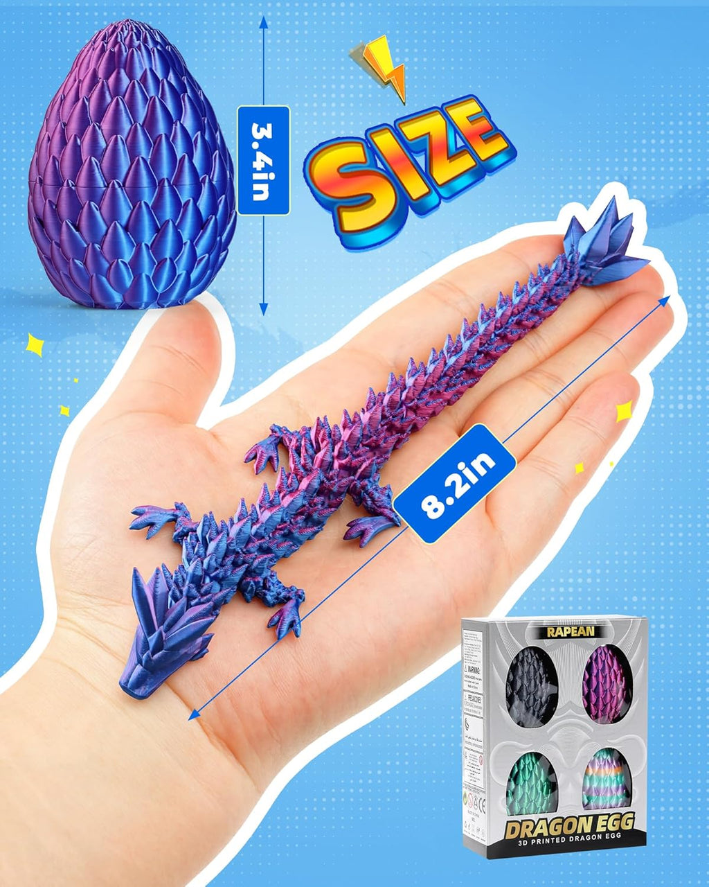 Rapean 8" 3D Printed Dragon Eggs, Easter Basket Stuffers for Kids and Teens, Articulated Dragon Toys for Children, Unique Easter Gifts for Boys & Girls (4Pack)