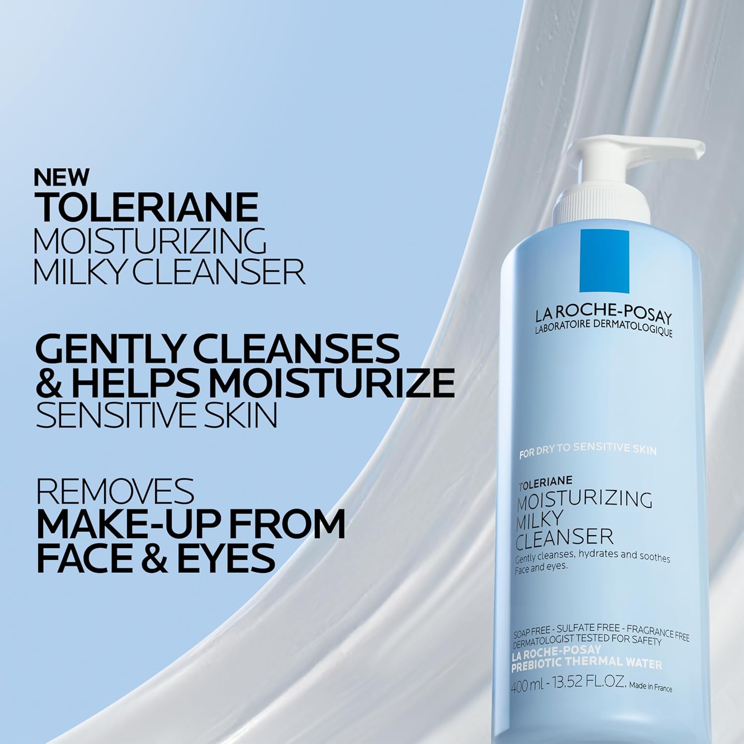 La Roche-Posay Toleriane Moisturizing Milky Cleanser, Gentle Face Cleanser with Glycerin for Dry, Sensitive & Allergy-Prone Skin, Face Wash for Hydration, Makeup Remover Cleanser, 13.5fl oz