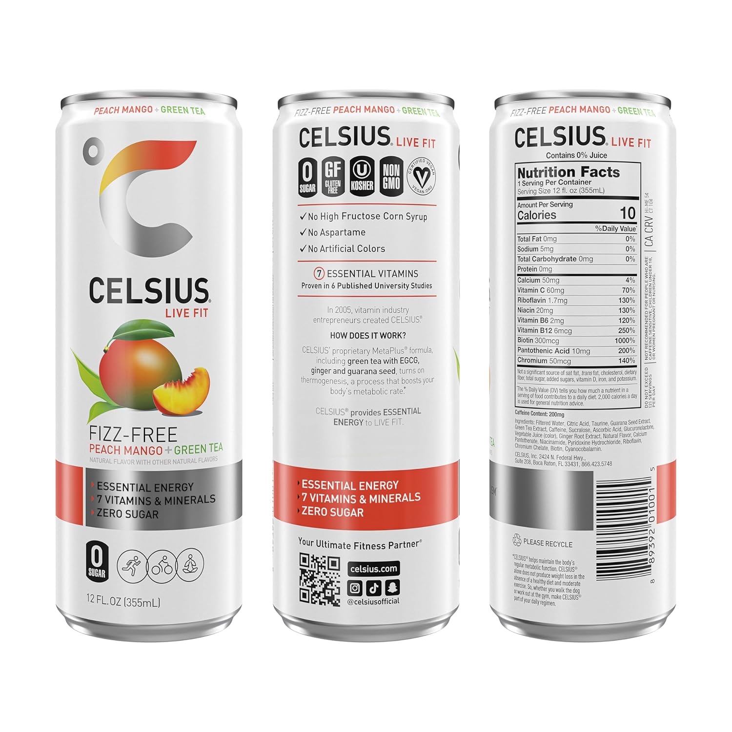 CELSIUS Fizz Free Peach Mango Green Tea, Sugar Free Energy Drink, 12 Fl Oz (Pack of 12)
