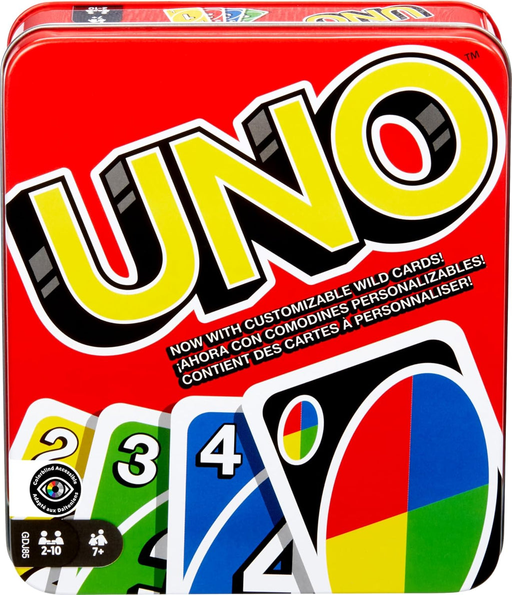 Mattel Games UNO Card Game in Travel & Storage Tin for Kid, Adult & Family Nights & Parties, Color Blind Accessible & Customizable Deck