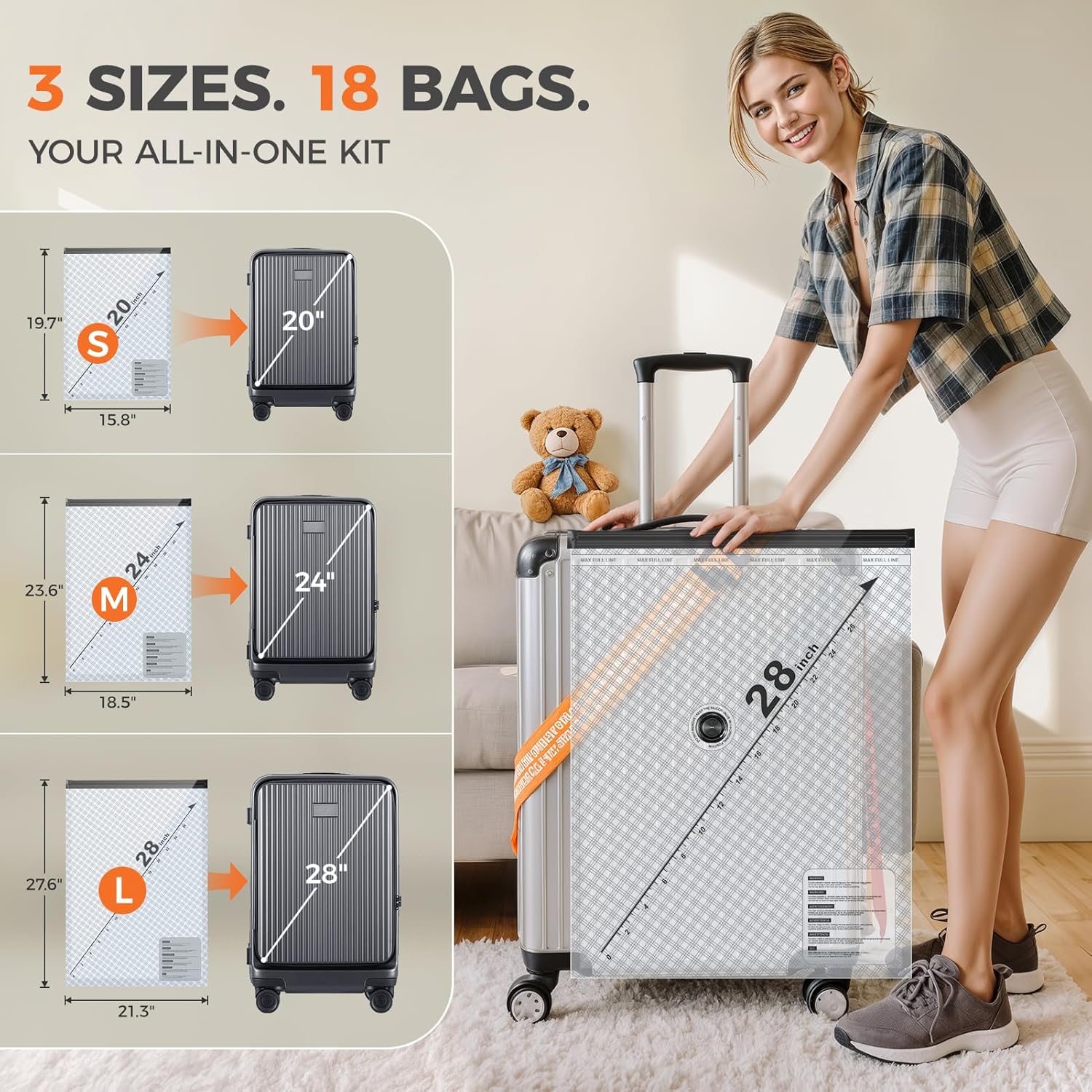 Nicetree 18-Pack Vacuum Seal Bags with Rechargeable Wireless Pump | 3 Sizes (20/24/28 Inch) Travel Vacuum Storage Bags for Clothing, Bedding & Seasonal Storage | Space Saver for Luggage