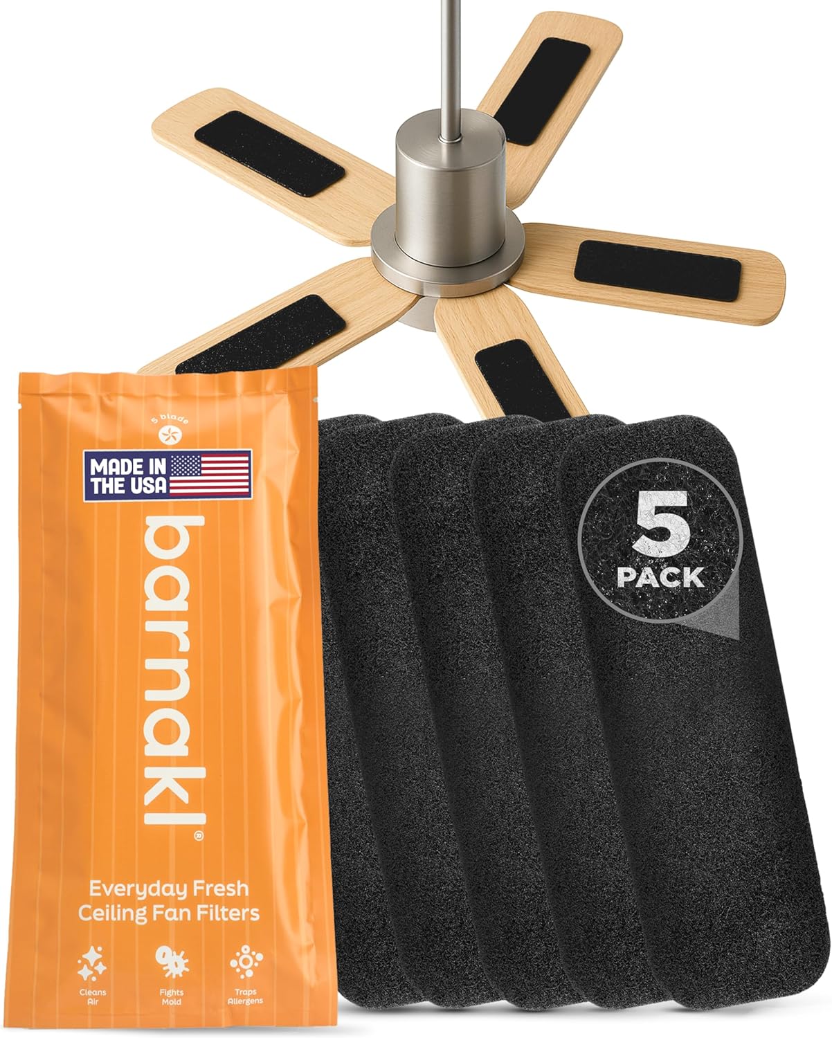 Barnakl Ceiling Fan Air Purifier Pads, Activated Coconut Shell Carbon Fan Filters Trap Dust, Odors & Allergens, Easy-Stick Universal Fit for Ceiling Fan Blades, Odorless & Unscented - (5 Count)