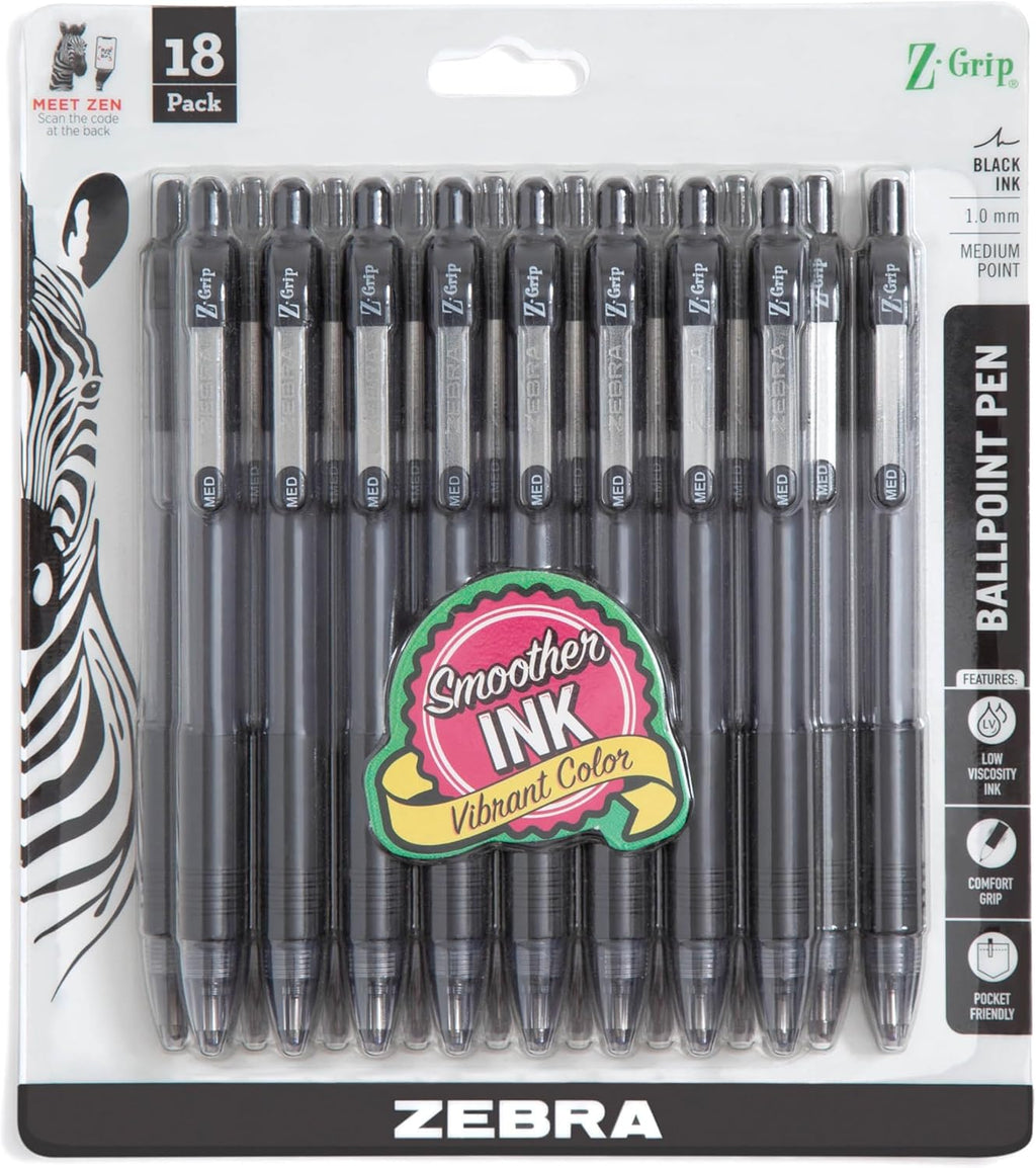 Zebra Pen Z-Grip Retractable Ballpoint Pen, Smooth-Flowing Black Ink, 1.0mm Medium Point, School & Office Supplies, Ideal for Note-Taking, Journal and Planner Use, 18-Pack (22218)