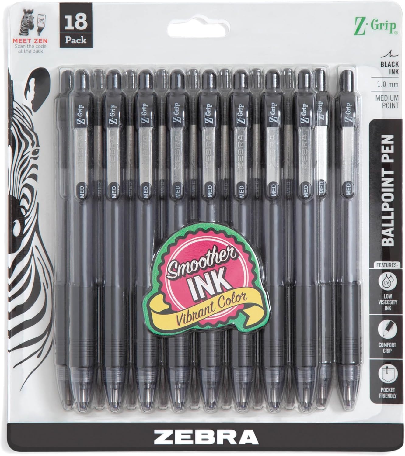 Zebra Pen Z-Grip Retractable Ballpoint Pen, Smooth-Flowing Black Ink, 1.0mm Medium Point, School & Office Supplies, Ideal for Note-Taking, Journal and Planner Use, 18-Pack (22218)