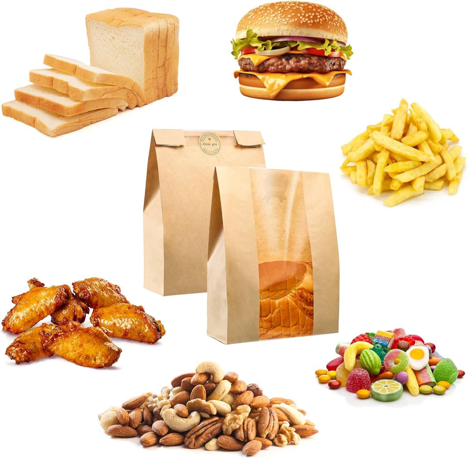 50 Pcs Bread Bags for Homemade Bread, Sourdough Paper With Window, 50% Thicker 13.7x8.2x3.7in A Large Bakery Bags Used for Storage Cookies & Snacks, 60 Cute Sealing Stickers With Ties