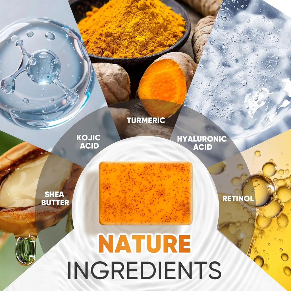 5 Pack Turmeric Kojic Acid Soap Bars(80g) - Infused with Retinol, Hydrolyzed Collagen, Vitamin E & Shea Butter, Gentle Care for Face, Body & Underarms, SLS Free, Suitable for Oily & Dry Skin