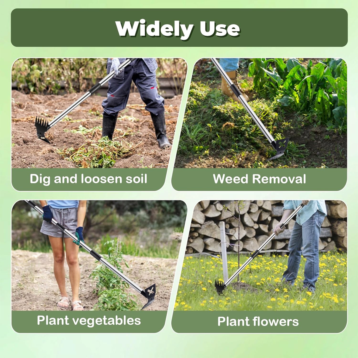 NICOFPHY Weed Puller Tool with Long Handle - 60" Manual Weeder Remover Tool, 2 in 1 Hand Weed Rake and Garden Hoe for Gardening, Heavy Duty Uprooting Weeding Pull for Yard, Lawn, Patio and Garden