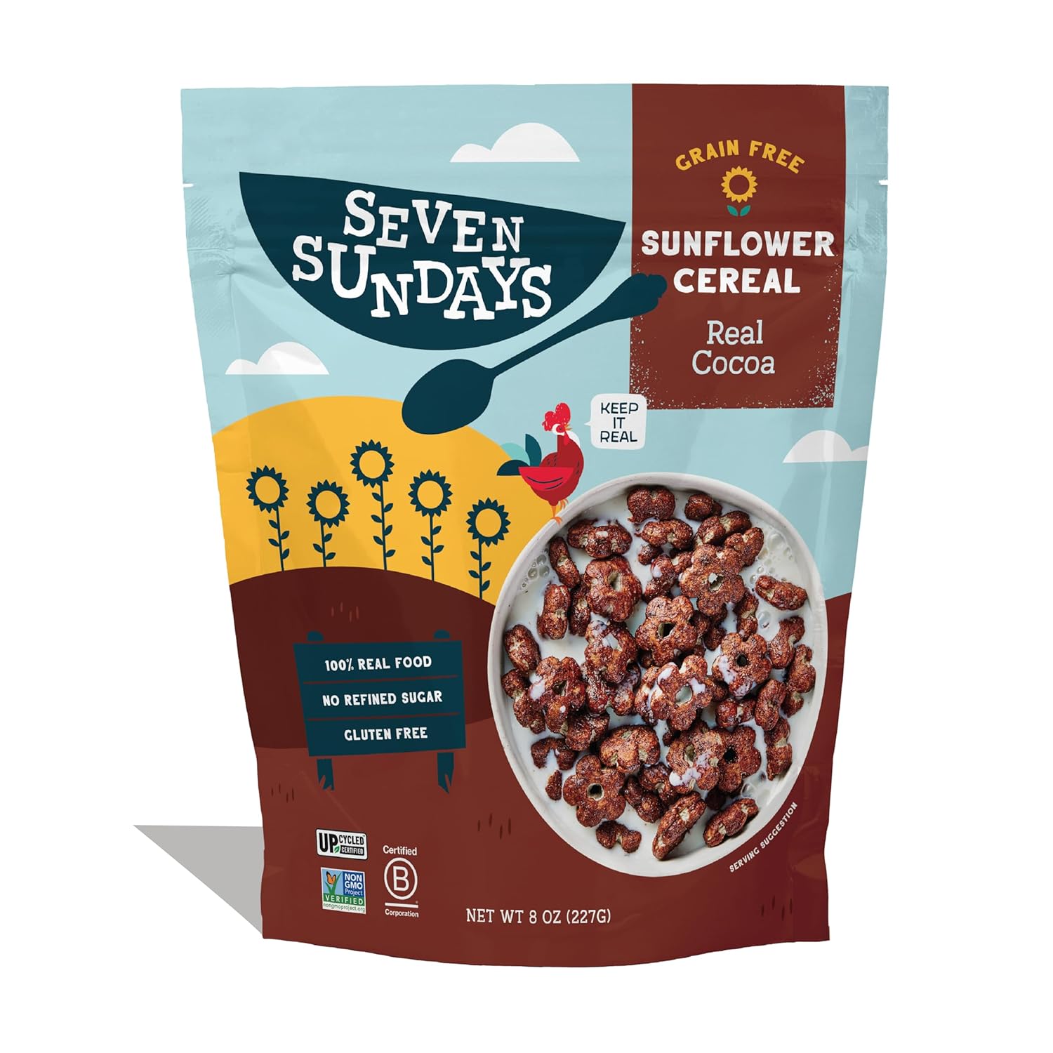 Seven Sundays Sunflower Cereal, Real Cocoa, 8 Oz Bag, Grain & Gluten Free, 5g Upcycled Protein, 1g Added Sugar, Crunchy Chocolate Snack