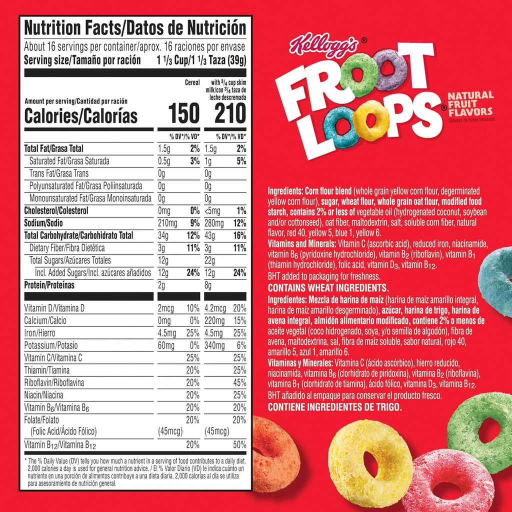 Kellogg's Froot Loops Breakfast Cereal, Good Source of Fiber, 15g Whole Grains, Giant Size, 23 oz