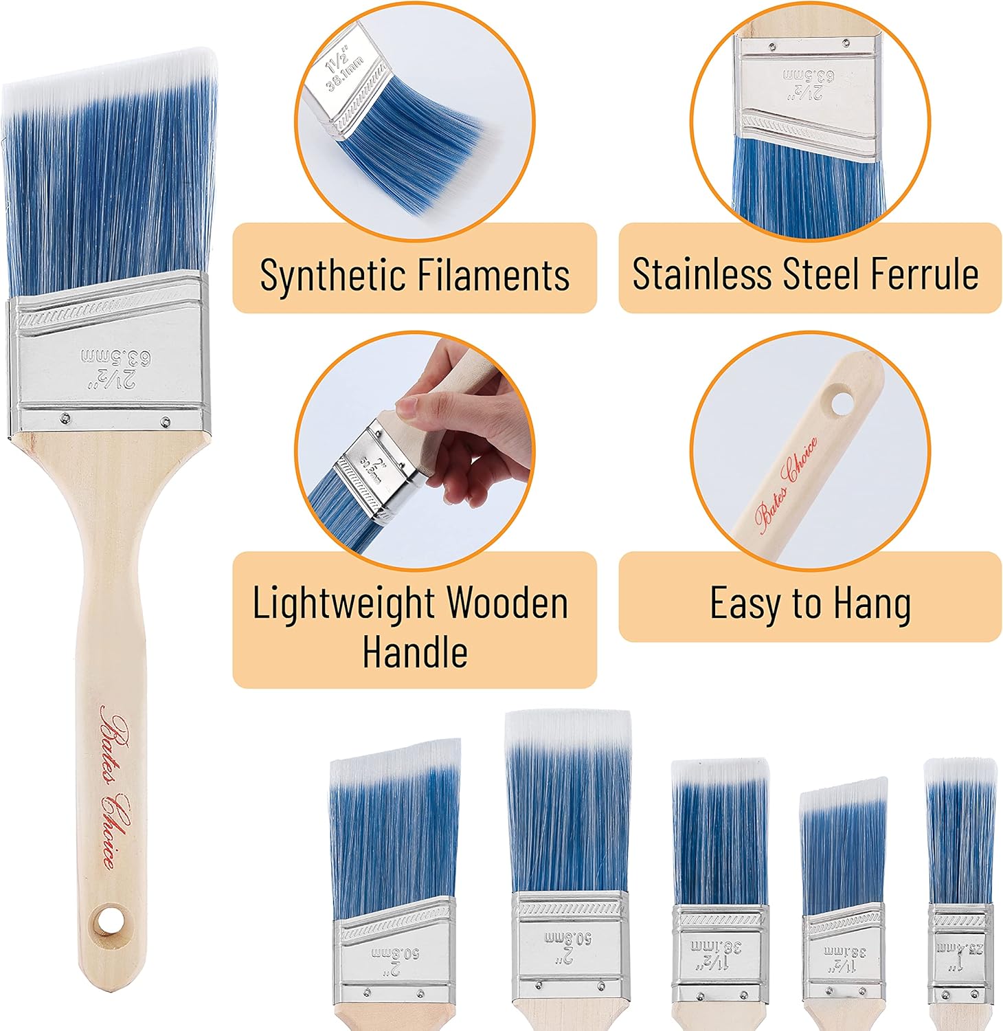 Bates- Paint Brushes, 6 Pack, Treated Wood Handle, Paint Brushes for Walls, Stain, Furniture